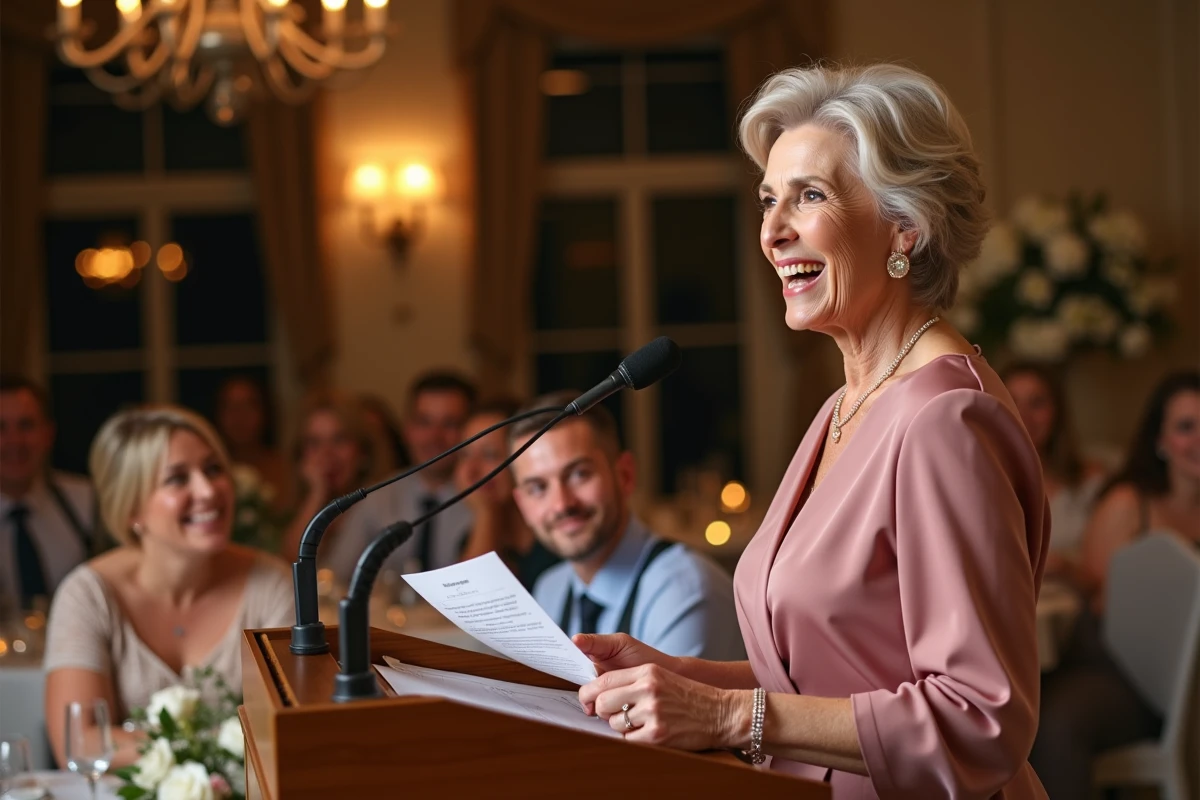 Mère du marié trouvant le ton juste entre émotion et humour pendant son discours devant les invités souriants