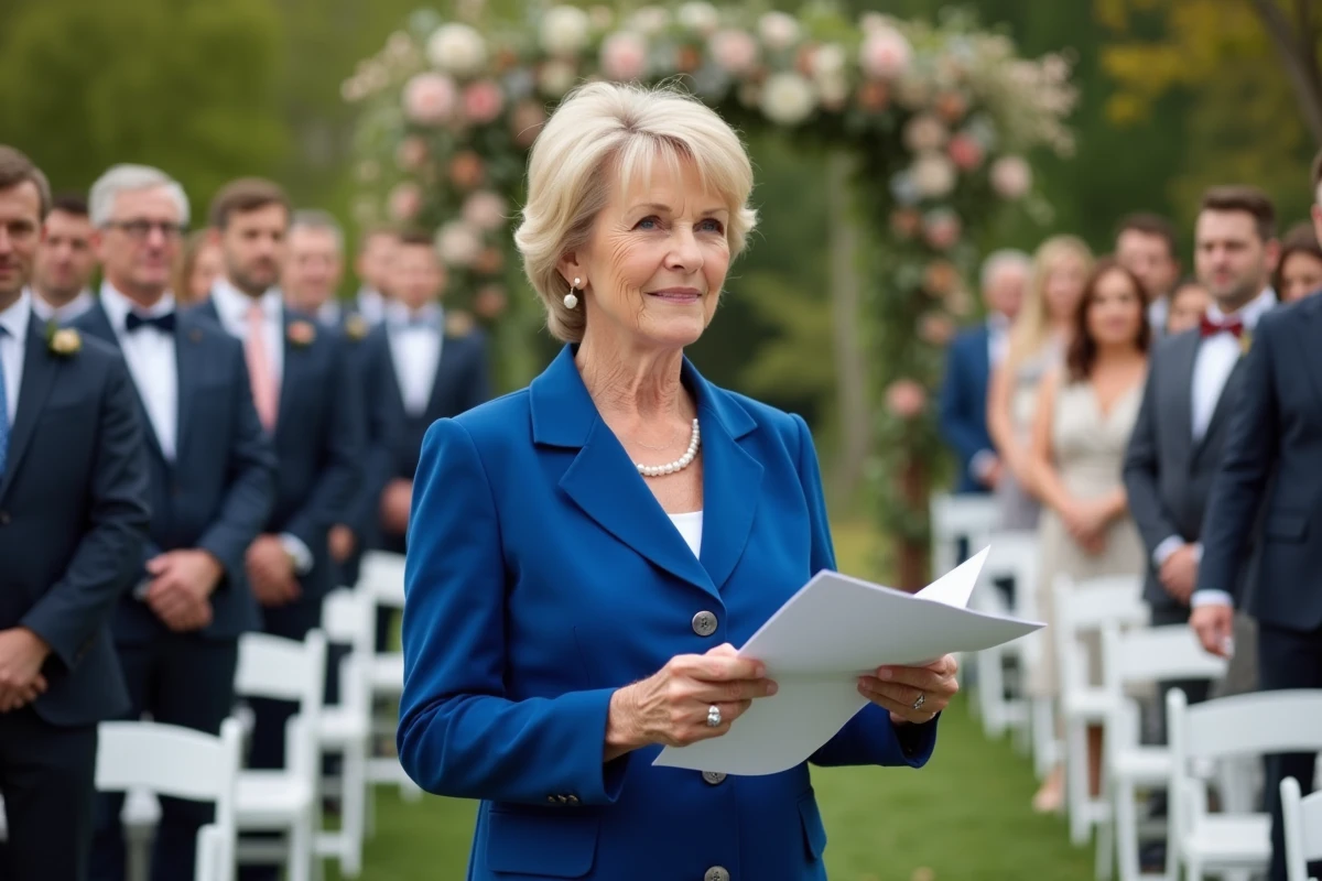 Mère du marié tenant sa version papier imprimée du discours dans les mains le jour de la cérémonie de mariage