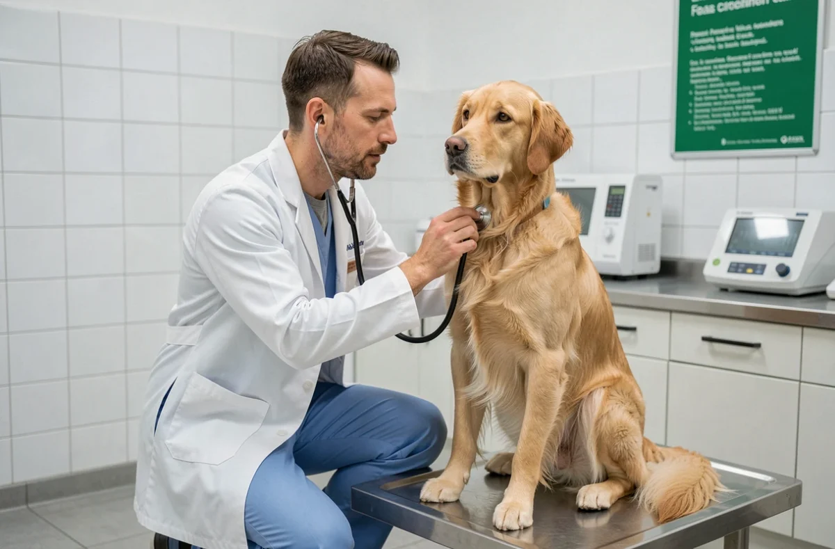 Vétérinaire examinant un golden retriever en clinique vétérinaire illustrant l'importance de l'assurance santé animale