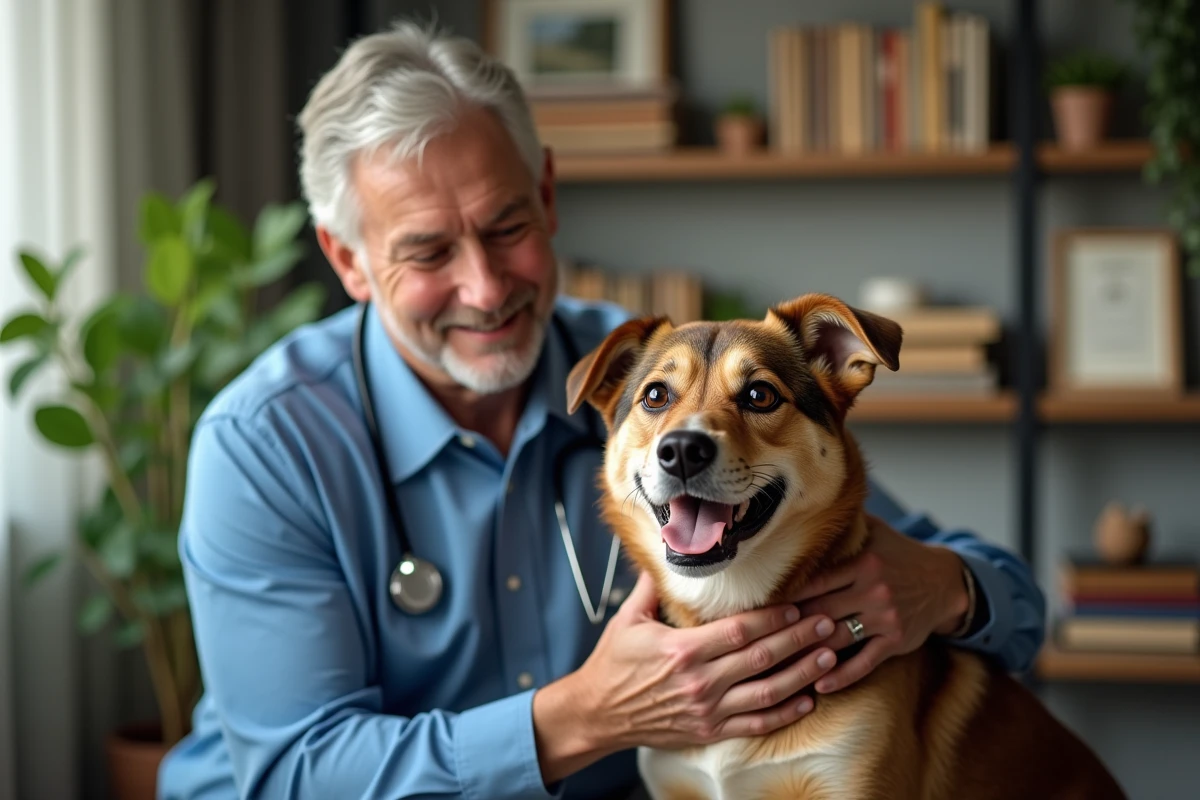 Vétérinaire massant un chien dans un bureau chaleureux